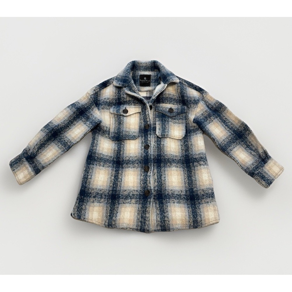 Bagatelle Cozy Brushed Knit Plaid Small Shacket Blue/Cream Oversized Jacket NWOT